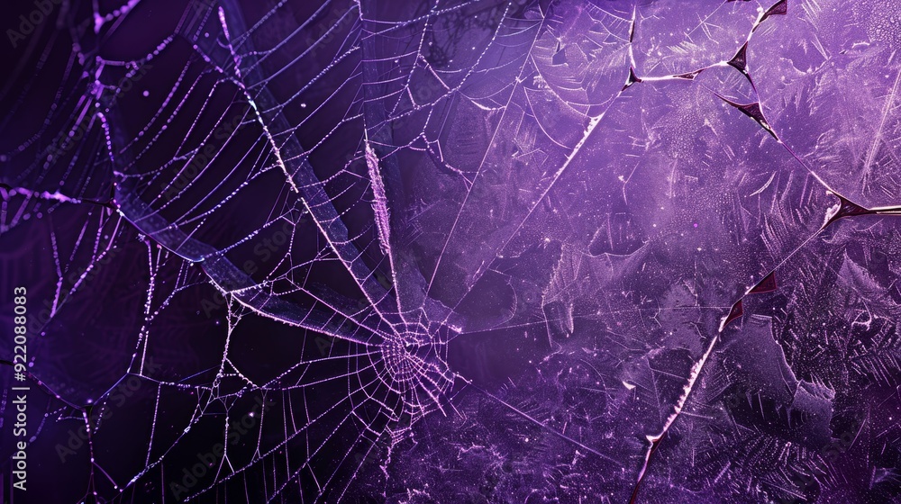 Poster this abstract background features a purple spiderweb with delicate frost patterns, symbolizing natur