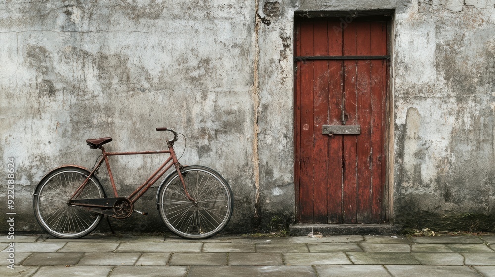 Sticker A bicycle leaning against a wall next to an old door, AI