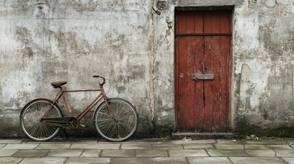 A bicycle leaning against a wall next to an old door, AI