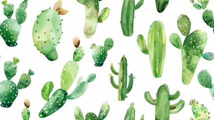 This vibrant watercolor pattern features a variety of cactus shapes and sizes, representing nature, growth, and resilience. The white background provides a clean and modern aesthetic.