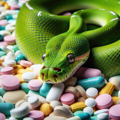 Obraz premium A vivid green snake coils comfortably among an array of pastel-colored pills and tablets, showcasing its striking scales against the vibrant background in gentle, diffused lighting.