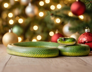 Fototapeta premium This intriguing image features a coiled green snake laying beside a Christmas tree adorned with beautiful ornaments and glowing warm lights, blending nature with festive holiday vibes.