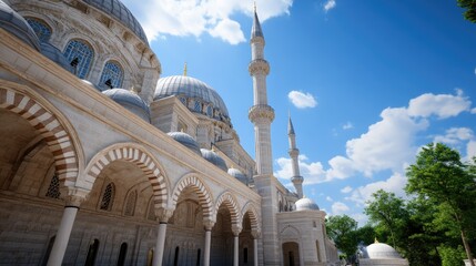 Fototapeta premium A stunning Ottoman mosque complex features a blue dome, white walls, and tall minarets, set against a clear sky and surrounded by lush greenery