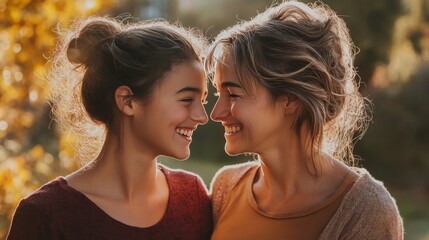 Fototapeta premium Smiles exchanged, shared by mother and daughter.