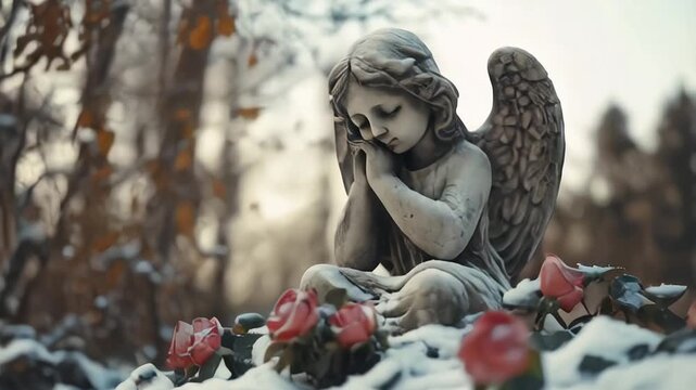sad angel statue at the cemetery with copy space for text, funeral concept