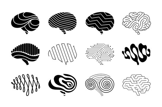 Brain logo icons set. Digital symbol template of science innovation, machine learning or ai. Psychology mental health or new technology development. brain silhouette