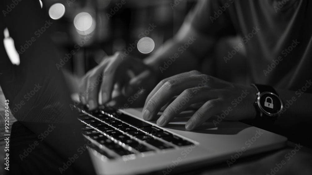 Poster working on a laptop computer, hands focused on the keyboard.