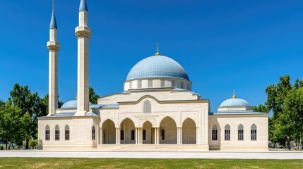 Obraz premium A stunning Ottoman mosque complex features a blue dome, white walls, and tall minarets, set against a clear sky and surrounded by lush greenery
