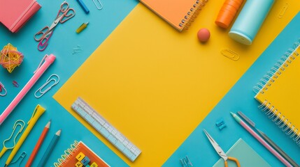 Top view of colorful stationery on a blue and yellow background. The concept of education, creativity, and organization is represented by the stationery items.