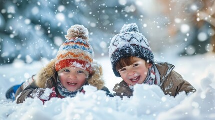 Two children, a boy and a girl, are lying in the snow, laughing and enjoying the winter weather. They are wearing warm winter clothes
