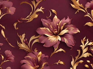 An ornate background with a deep maroon hue and shimmering gold accents in a flowing, abstract floral design,