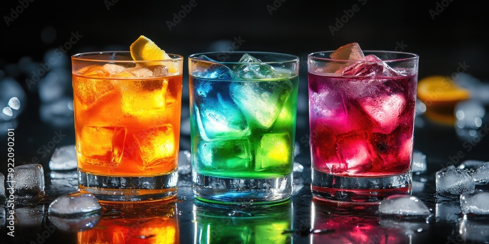 Poster an array of colorful, ice-cold cocktails garnished with various fruit slices on display.