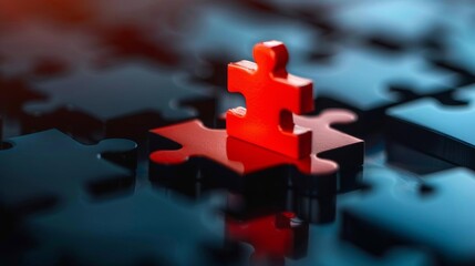 A single red puzzle piece stands out against a background of blue pieces, representing unity and completion.