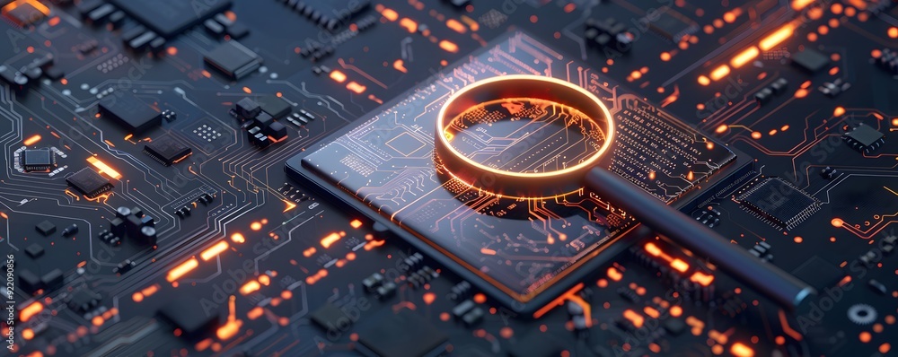 Poster circuit board with magnifying glass examining a microchip