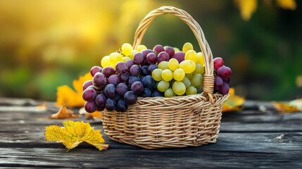 grapes in basket on a wood table