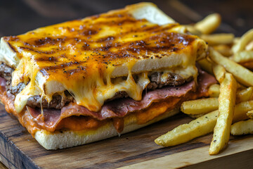 Traditional Francesinha sandwich: Portuguese creation with layers of meats, melted cheese, and spicy sauce served with fries.