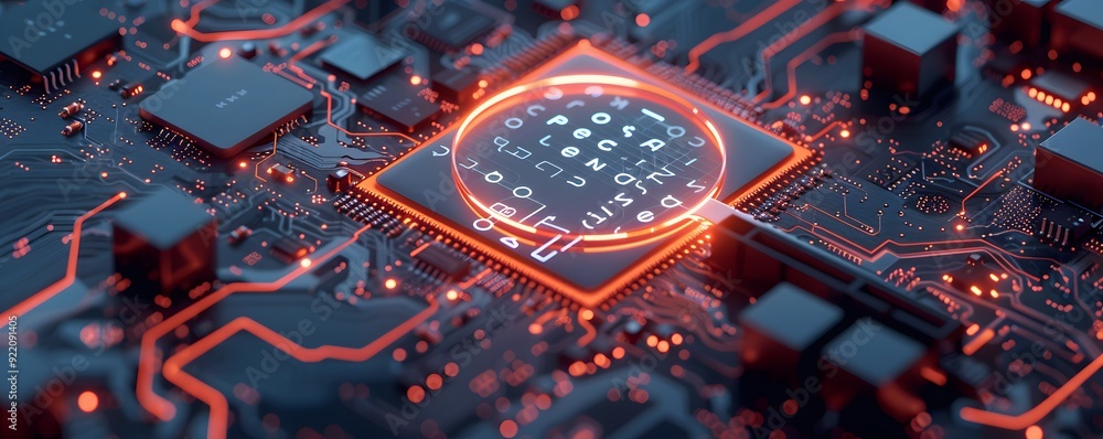 Poster glowing circuit board with random letters in a circle