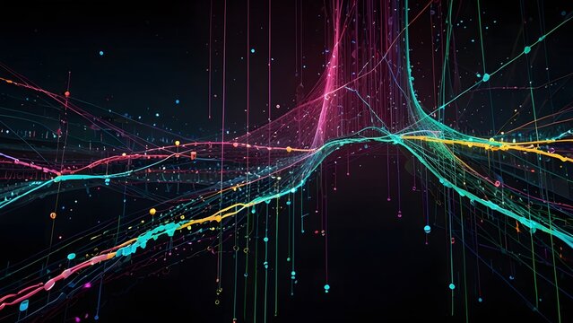 A vibrant flowing stream of binary code and glowing data points, with intersecting neon lines forming a complex network 