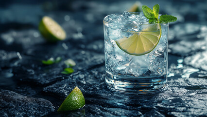 Fototapeta premium Gin and Tonic - lime, ice, glass, drink, cocktail, refreshment, mint, beverage, lime slice, cold drink, summer, bar, fresh, alcohol, rocks, garnish, cubes, chilled