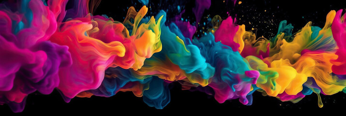 Rainbow color flow paint background. Horizontal abstract banner