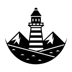 Lighthouse with mountains logo design silhouette vector illustration