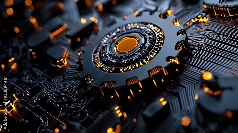 Poster close-up of a futuristic circuit board with glowing components, showcasing intricate designs and tec