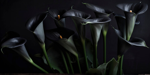 Funeral floral decorations. Memorial bouquet from black calla lilies on the dark background with copy space.