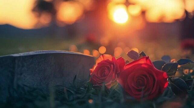 the solemn beauty of a Catholic cemetery with a grave marker and cross engraved on it, set against a softly blurred background to create a sense of peaceful serenity. Funeral concept