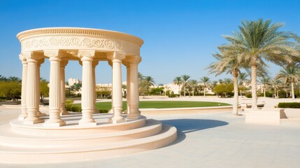 Fototapeta premium The sunny square features elegant beige columns and seating areas with traditional Emirati houses in the background
