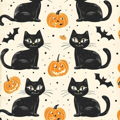 Cute Black Cat Pattern in Halloween Theme with Clear Space