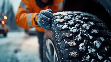 Mechanic mounting snow tires on car during winter