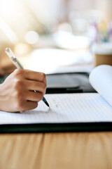 Business person, hands and writing notes for planning, brainstorming idea and organizing schedule....