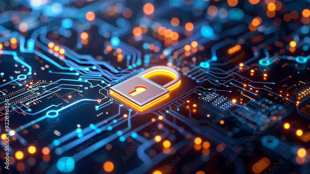 Poster digital padlock icon with electronic circuit board. security and data protection technology backgrou