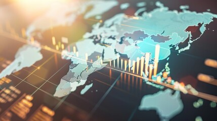 Map Featuring Glowing Blurry Candlestick Forex Chart, Representing Global Trade and Investment Concepts in 3D Rendering