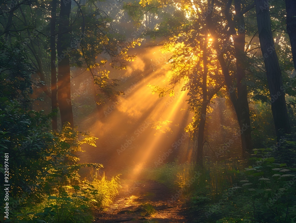 Poster sunlight beams filtering through trees in a serene forest during early morning hours
