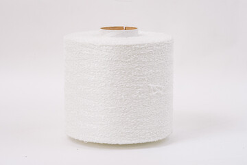  A close-up of a single large spool of white fiberglass yarn with a blue core, isolated against a plain white background.