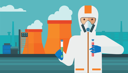 Young caucasian laboratory assistant in protective chemical suit holding a test-tube with black liquid on the background of nuclear power plant. Vector flat design illustration. Square layout.
