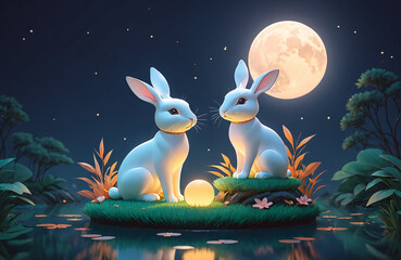 3d render of bunny under moon at night mid-autumn festival