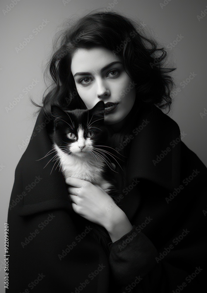 Sticker Woman wearing vintage coat playing with cats photography portrait fashion.