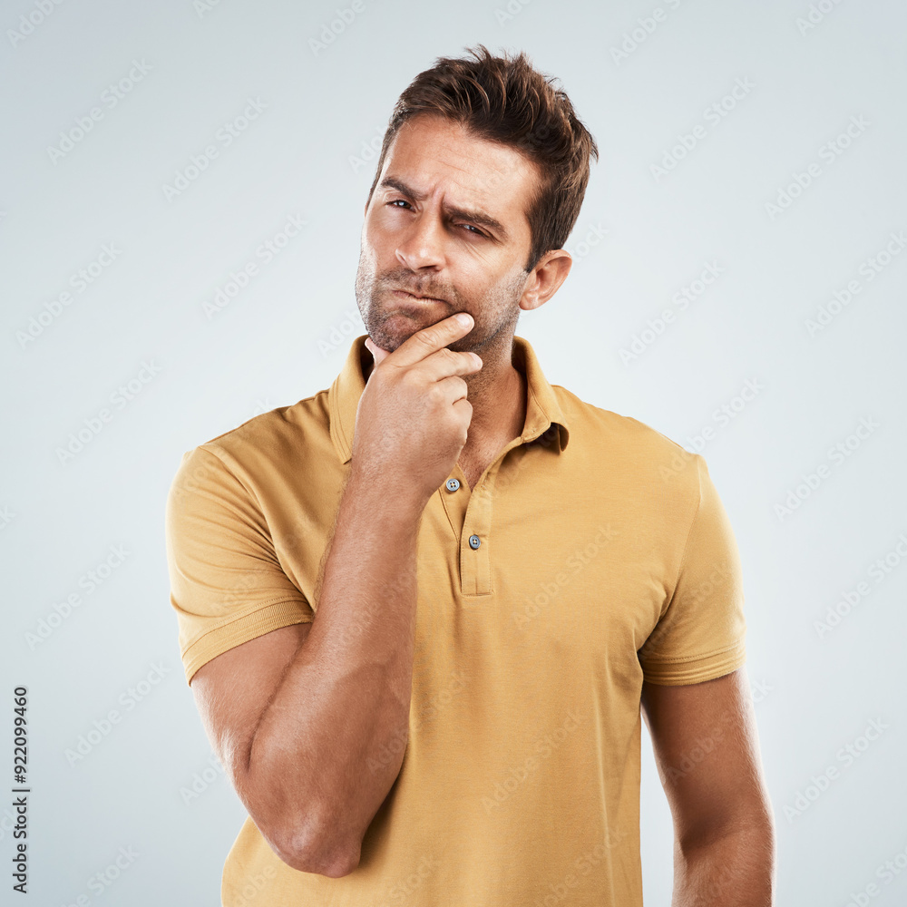 Poster Thinking, confused and portrait of man in studio with doubt, unsure or idea with face expression for planning. Question, remember and male person with curious, choice or decision by white background.