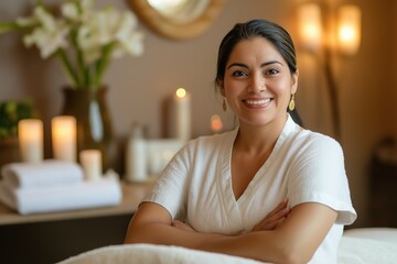 Obraz premium A woman is sitting in a spa with candles and flowers around her. She is smiling and posing for a picture