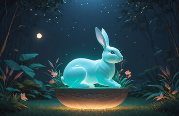 3d render of bunny under moon at night mid-autumn festival