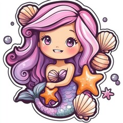 Cute Cartoon Mermaid with Purple Hair and Seashells