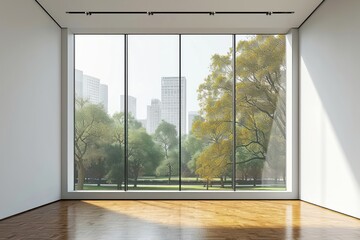 Fototapeta premium Large window see city park architecture headquarters condominium.