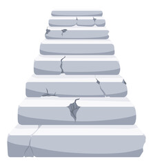Game castle stairs in cartoon style. Medieval ancient ladder flights without railings, marble step treads or rock risers with cracked details. staircase isolated on white