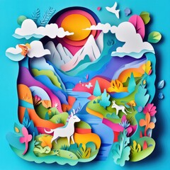 Papercut Whimsical Scenes with Mythical Creatures, Magical Landscapes, and Fairy-Tale Elements: Abstract Simple Minimal Joyful and Colorful 2D Layered Layout