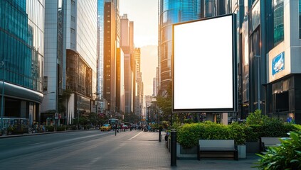 Empty Billboard on Bustling City Street at Sunset. Blank Vertical Space Awaiting New Advertisements or Messages
