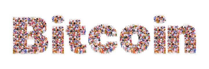 Large group of people forming word Bitcoin. Investment strategy. Bitcoin and cryptocurrency investing. People standing together.  Flat vector illustration. Not AI generated