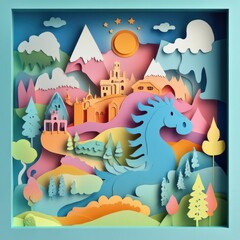 Papercut Whimsical Scenes with Mythical Creatures, Magical Landscapes, and Fairy-Tale Elements: Abstract Simple Minimal Joyful and Colorful 2D Layered Layout