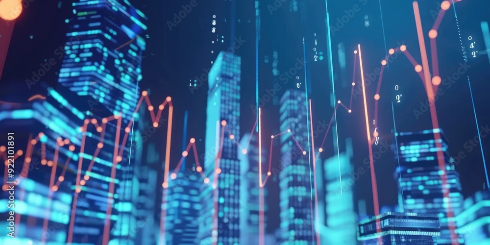 Poster skyline of a futuristic city with illuminated buildings and data visualization technology.